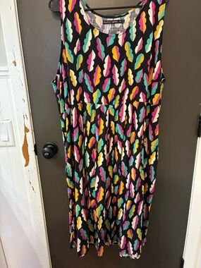 Gudrun Sjoden Black Midi linen Dress with Pink, Yellow & Teal Leaf Print